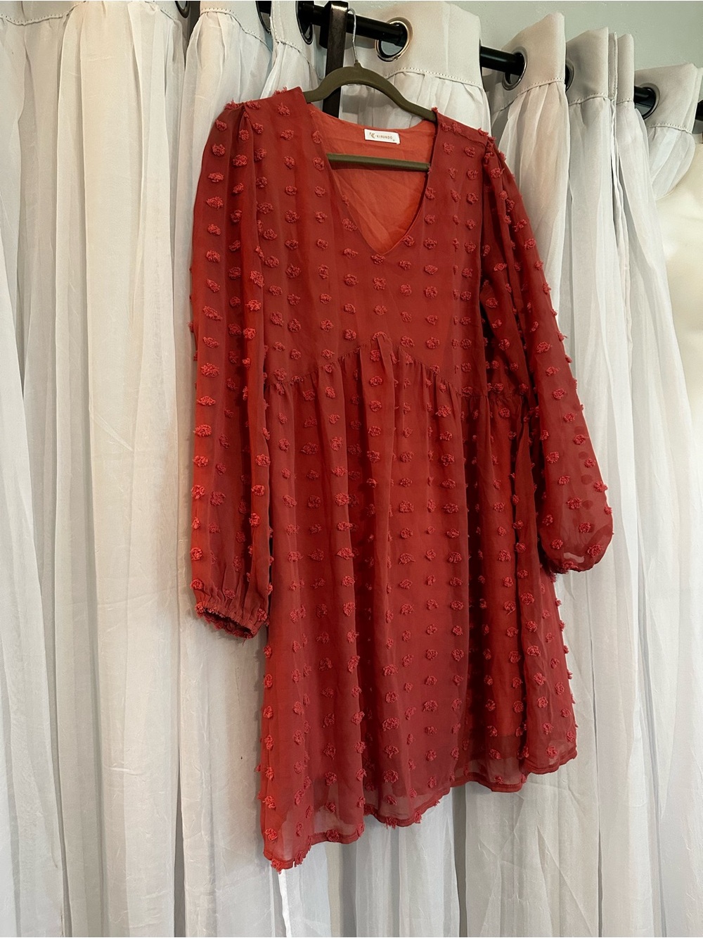 Textured Rose V-Neck Babydoll Dress with large Swiss dots